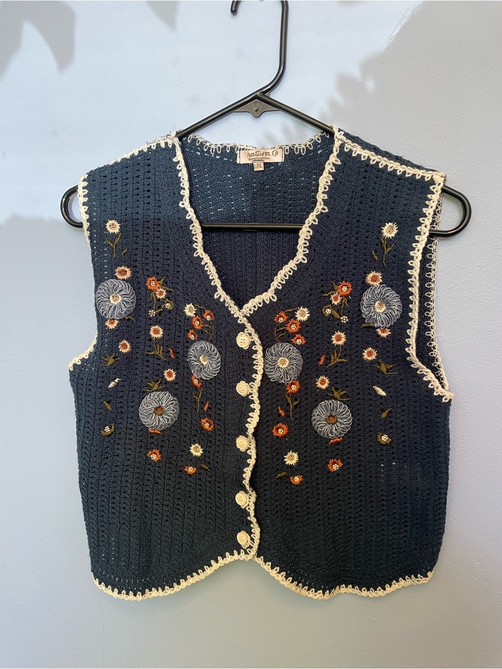 Navy Crochet Floral Embroidered Button Vest